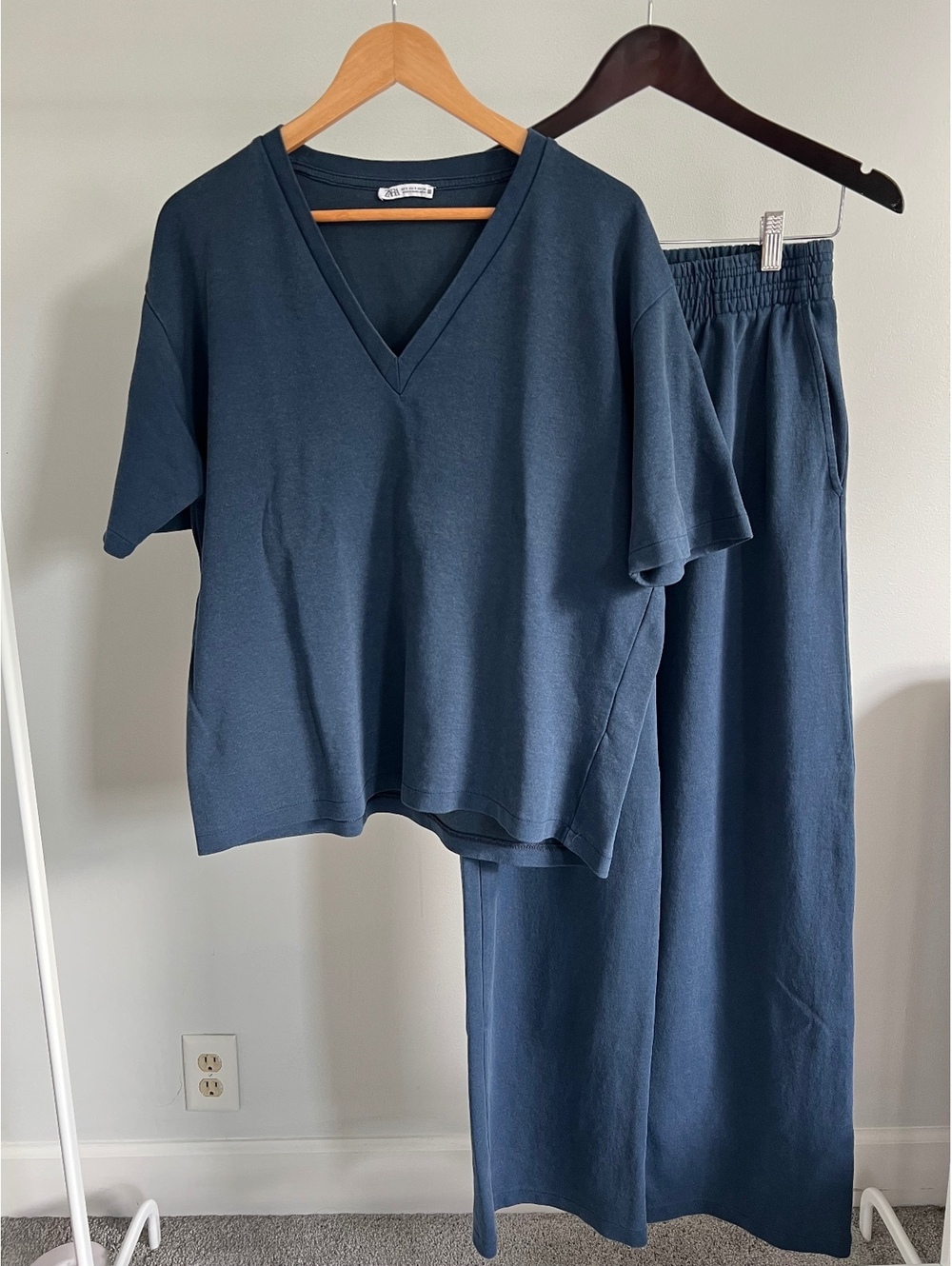 Zara Blue Matching 2 Piece Set Size S V Neck Top Wide Leg Pants Lounge Set